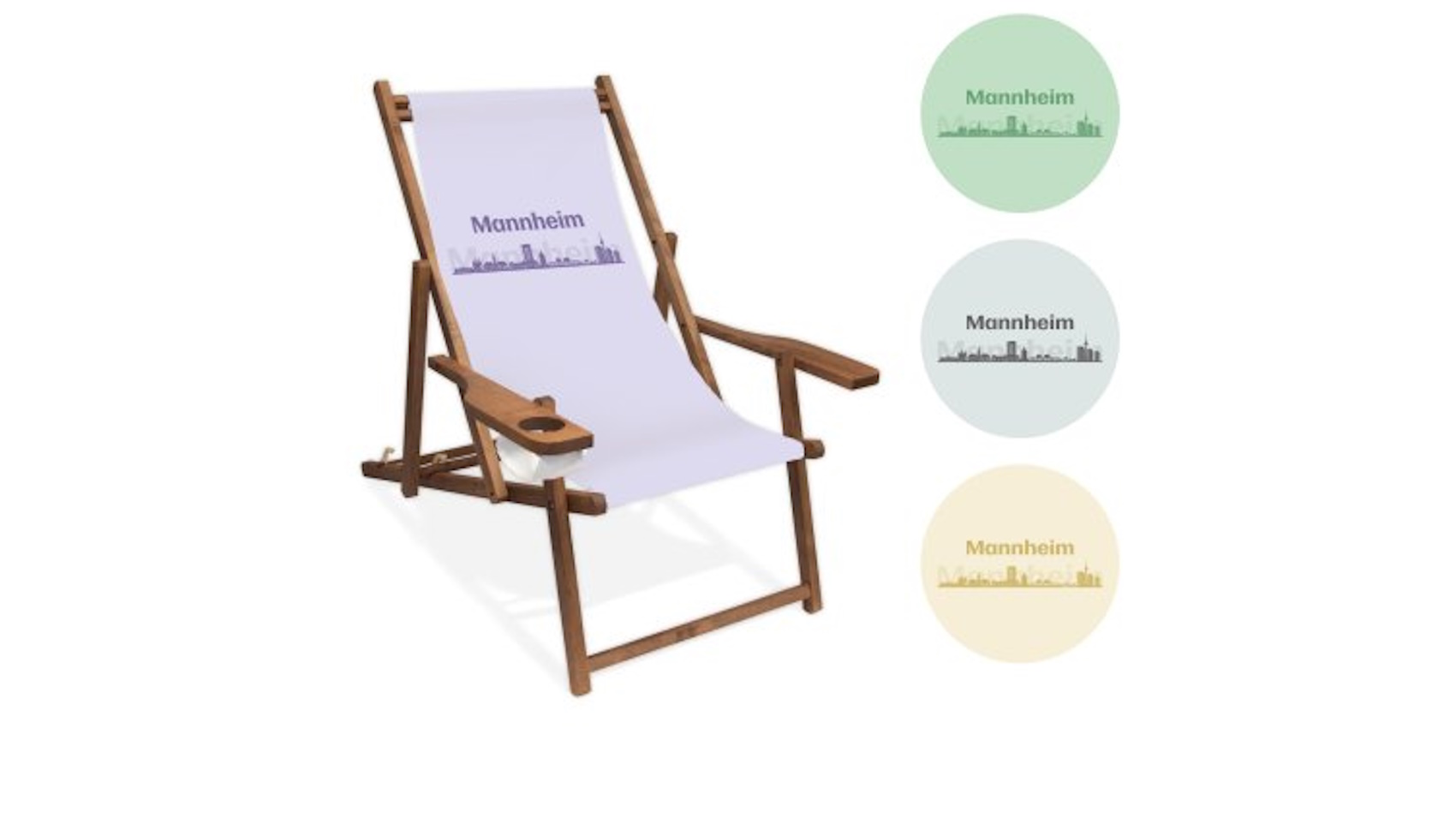 Liegestuhl Skyline Mannheim mit farbiger Schrift